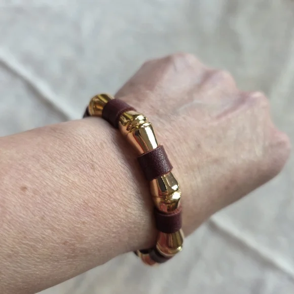 Bamboo Motif Cuff Bracelet with Leather Detailing - Picture 5 of 9